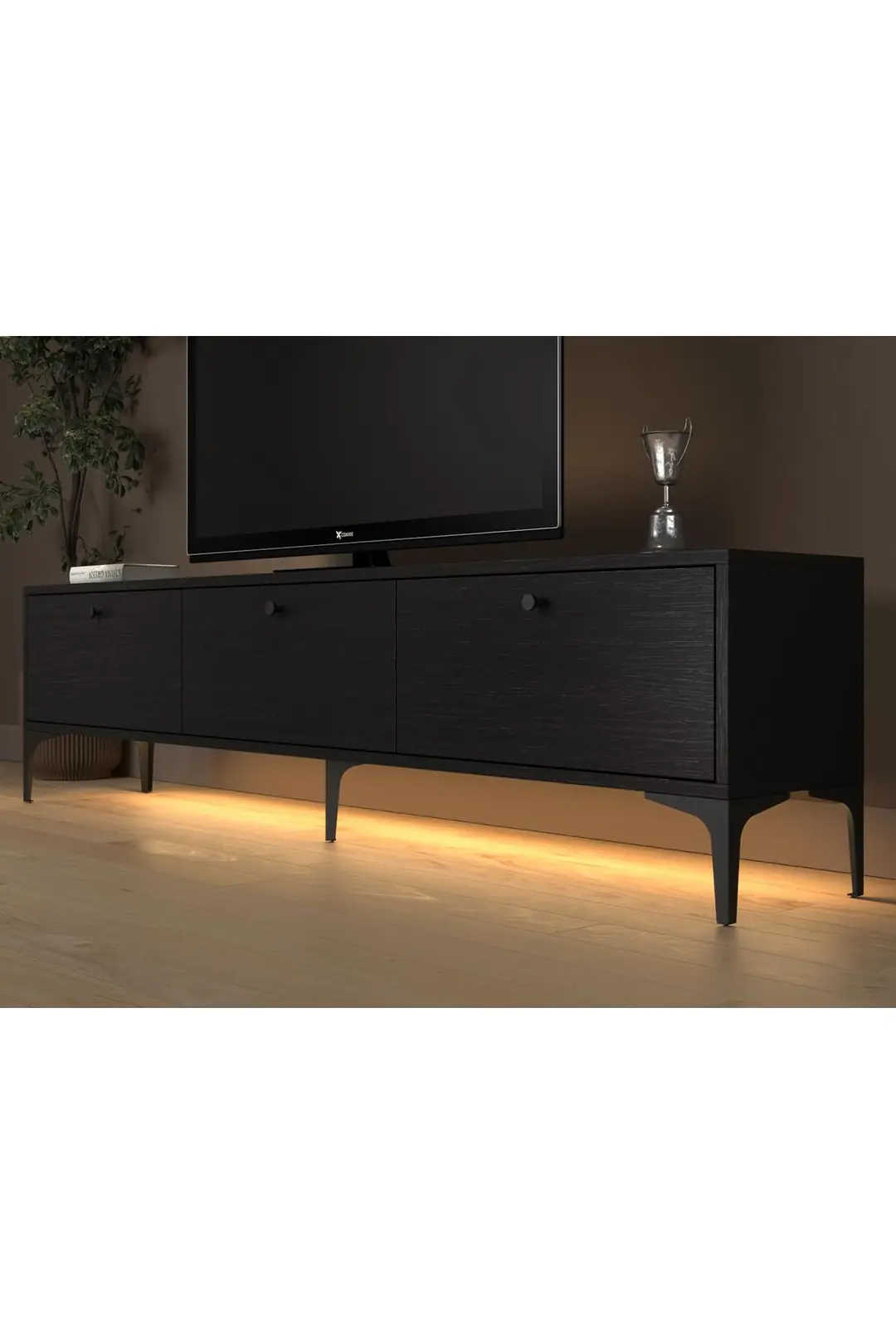 Venüs Led Işıklı Dolaplı Minifiksli 180 Cm Geniş Tv Ünitesi - Tv Sehpası - Wood Siyah